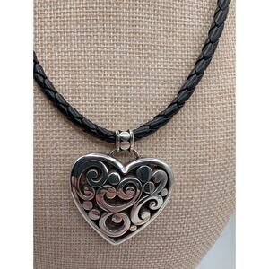 Brighton Contempo Heart Pendant Necklace 18" Black Braided Leather Scroll READ